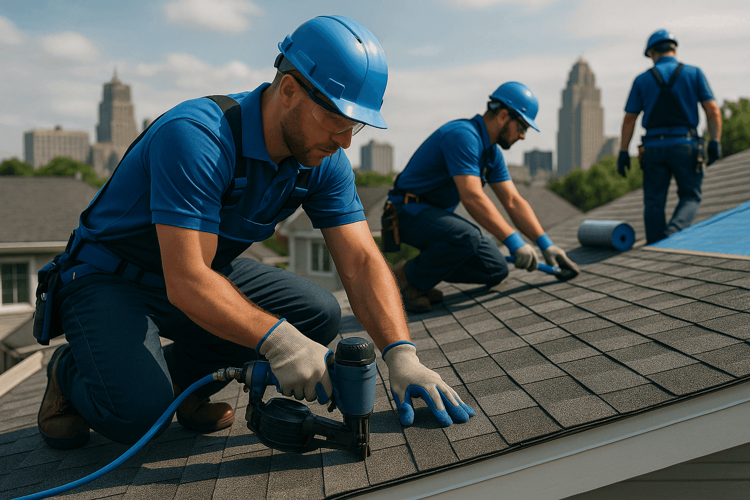 OSHA-compliant roofers working safely on a residential or commercial roof