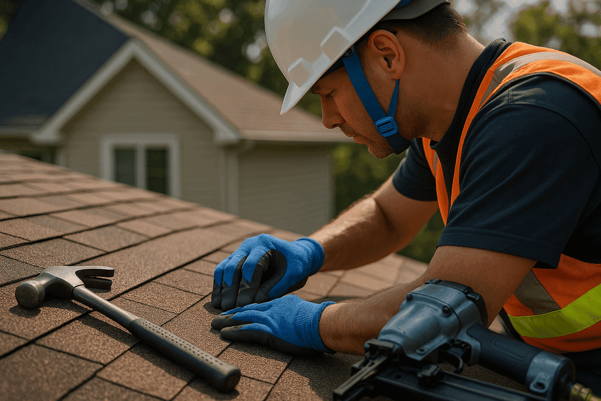 Gloved roofer fastening shingle on clean roof with safety helmet and tools